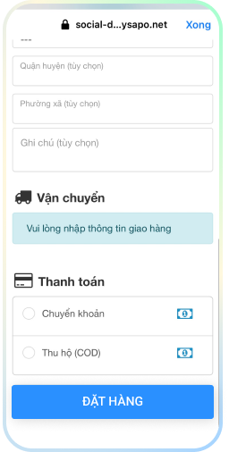 Đặt hàng và thanh toán qua Sapo nhanh chóng