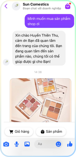 Nút sản phẩm và giỏ hàng hiển thị trong Messenger