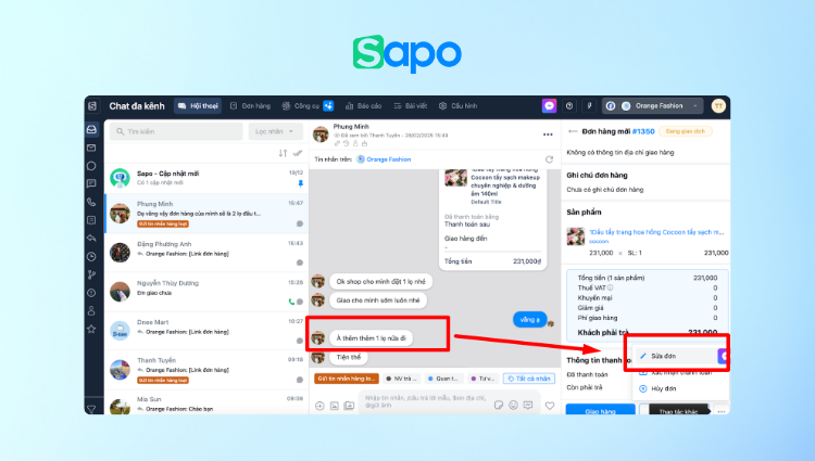 Bổ sung tính năng sửa đơn hàng ngay trên màn hình quản lý hội thoại